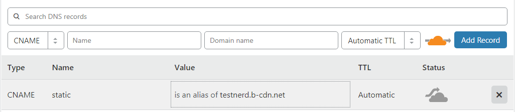 CNAME record to BunnyCDN Cloudflare