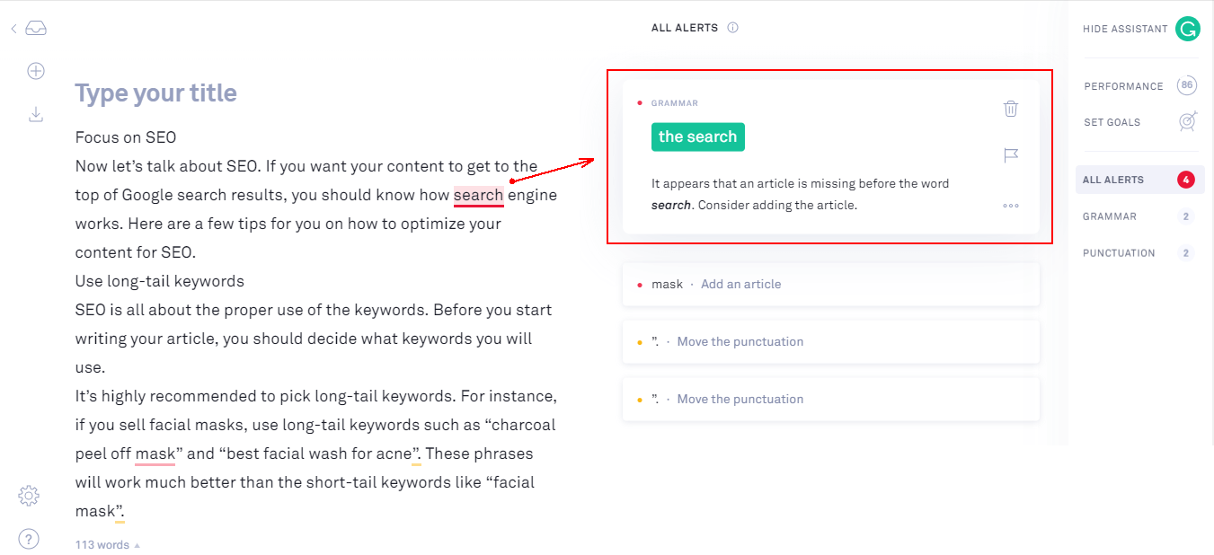 Proofreading with Grammarly online editor