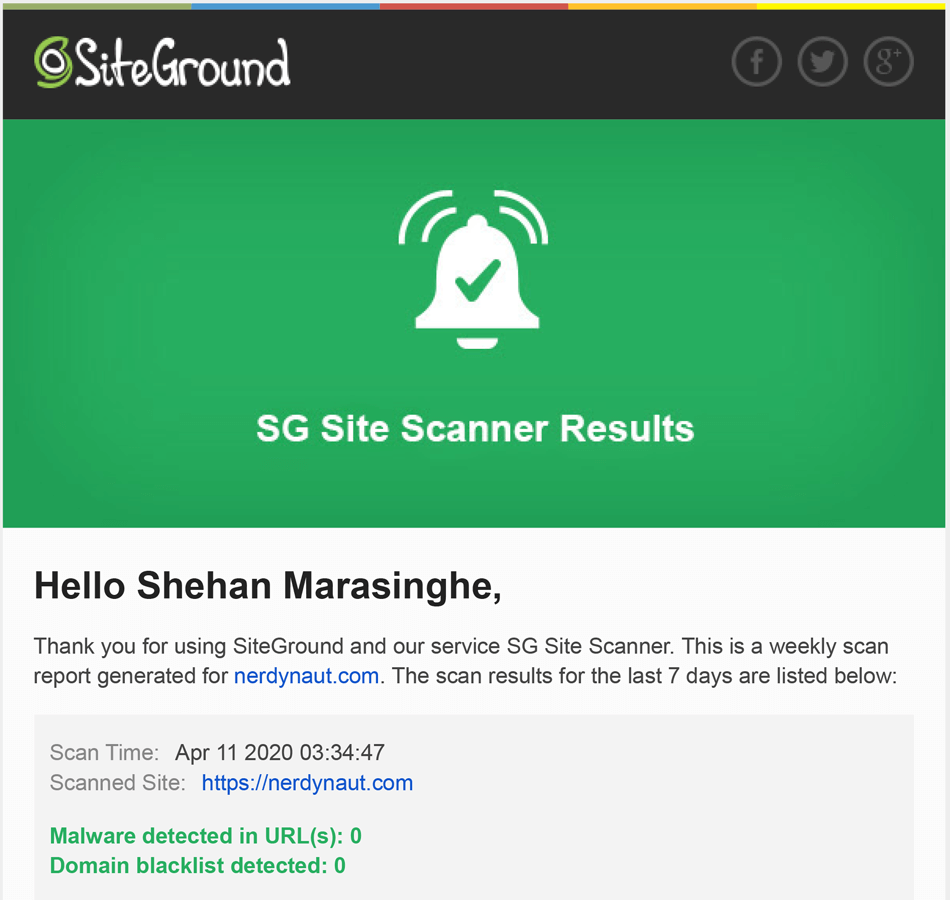 SiteGround SiteScanner Email Notification