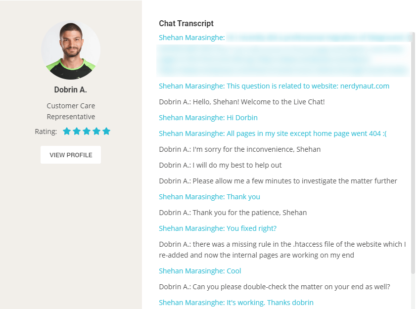 A Live Chat Support Theard with SiteGround Support