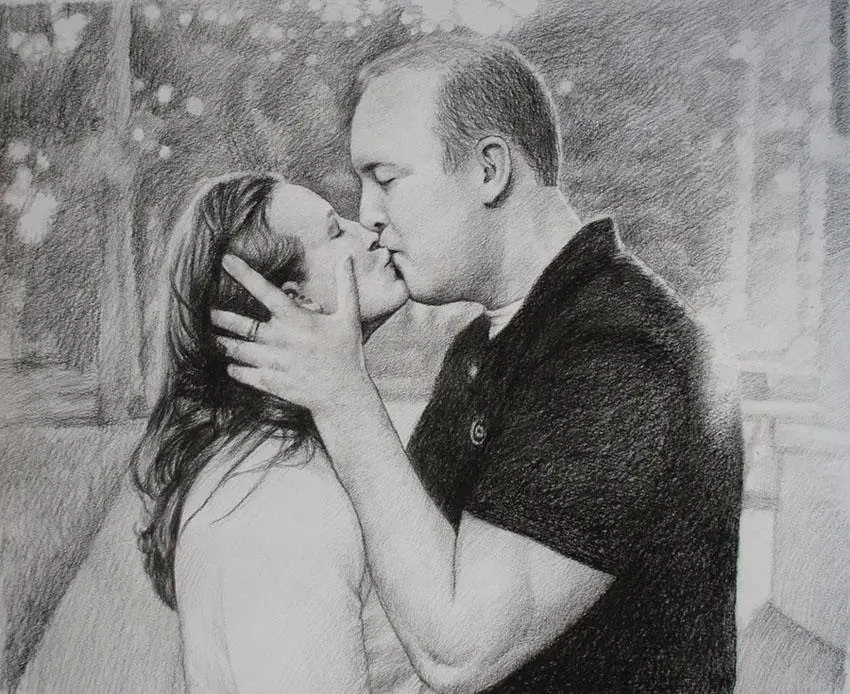 Charcoal painting of a couple kissing outdoors