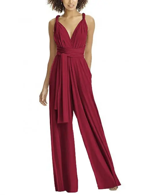 Floor Length V Collar Wine Red Romper Wide Legged Multi-Way For Playing