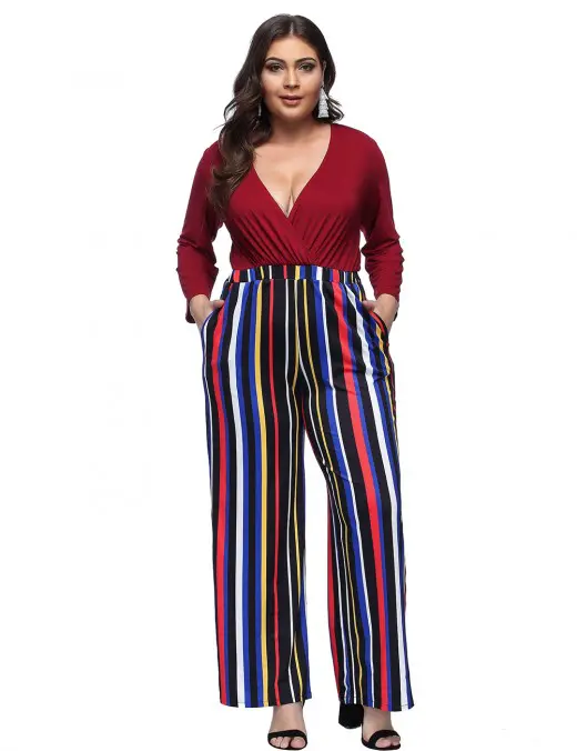 Showy Wine Red Queen Size Stripes Jumpsuit Wide Legs Fashion Trend