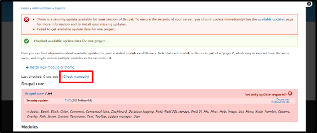Drupal Update manual check - Screenshot of process