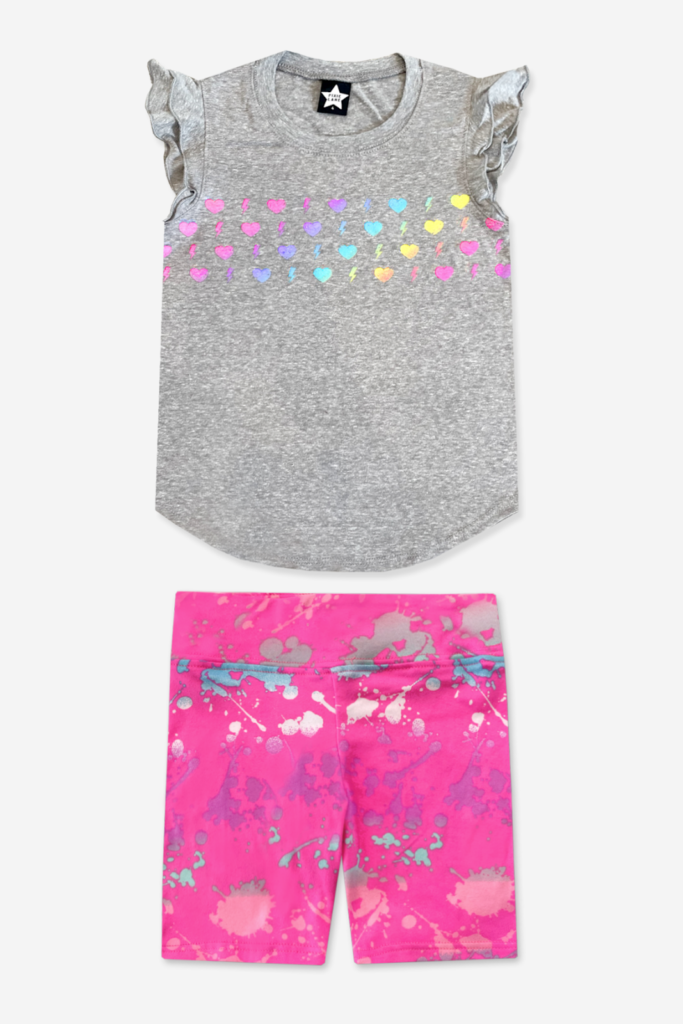 PixiLane’s Ruffle Sleeve Shirttail Tank & Biker Short in Grey Pink Splatter