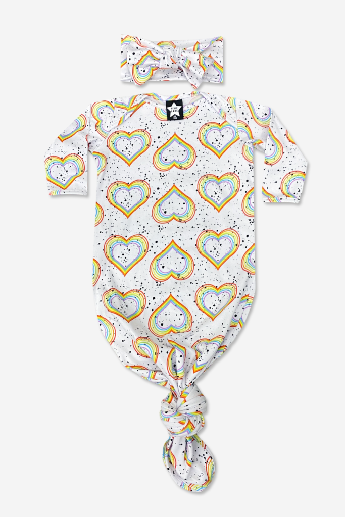 PixiLane’s Baby Knotted Gown & Headband in White Rainbow Heart Splatter