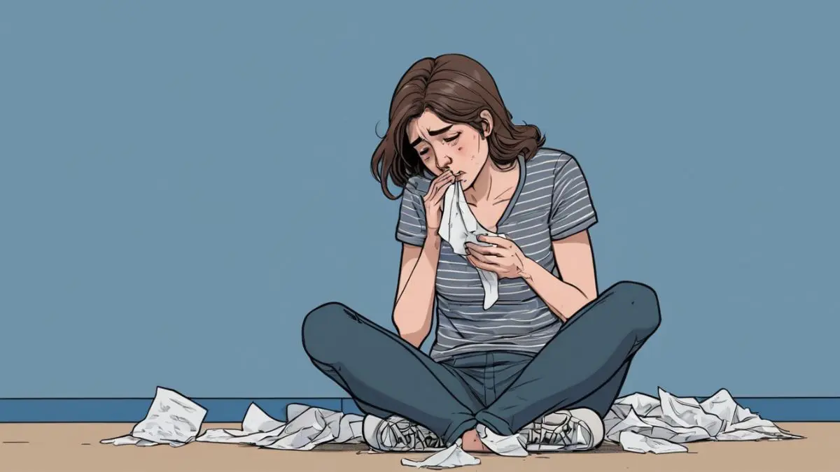 Addiction Recovery: What Are Your Options? - A girl with medium-length brown hair, wearing a gray striped shirt, sitting on the floor with one knee raised, holding a tissue, with scattered tissues around her, against a blue wall with panel detailing