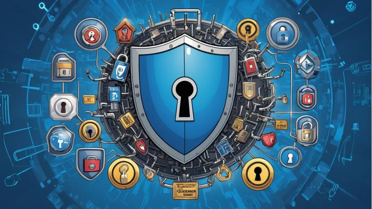 Assessing the Landscape: Understanding and Managing Cyber Risk: A glossy shield with a lock symbol in the center, surrounded by various digital icons like globes and padlocks, all against a blue background with light swirls