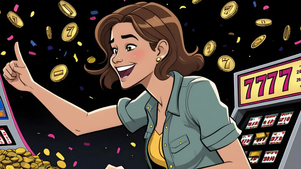 Review of Melbet India: Get Your Own Life-Changing Jackpot in 2024! A girl with brown hair celebrating a win at a slot machine that displays the number 777, with coins flying out, against a dark background with confetti