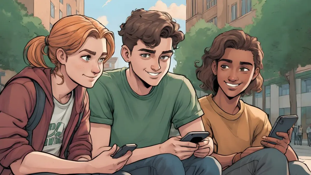 Studying With Social Media: 3 Hacks to Try: Three happy friends sitting and looking at a smartphone together at a college outside