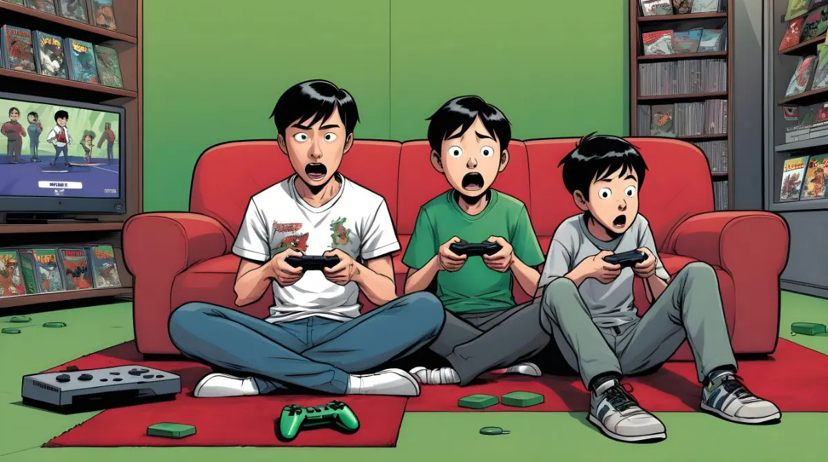 Teamwork Makes the Dream Work: The Power of Collaboration in Multiplayer Games: two people playing games with gaming consoles, surprised expressions, sitting on a red carpet, with a young boy around 8 years old, Asian, sitting in the background on a green bean bag