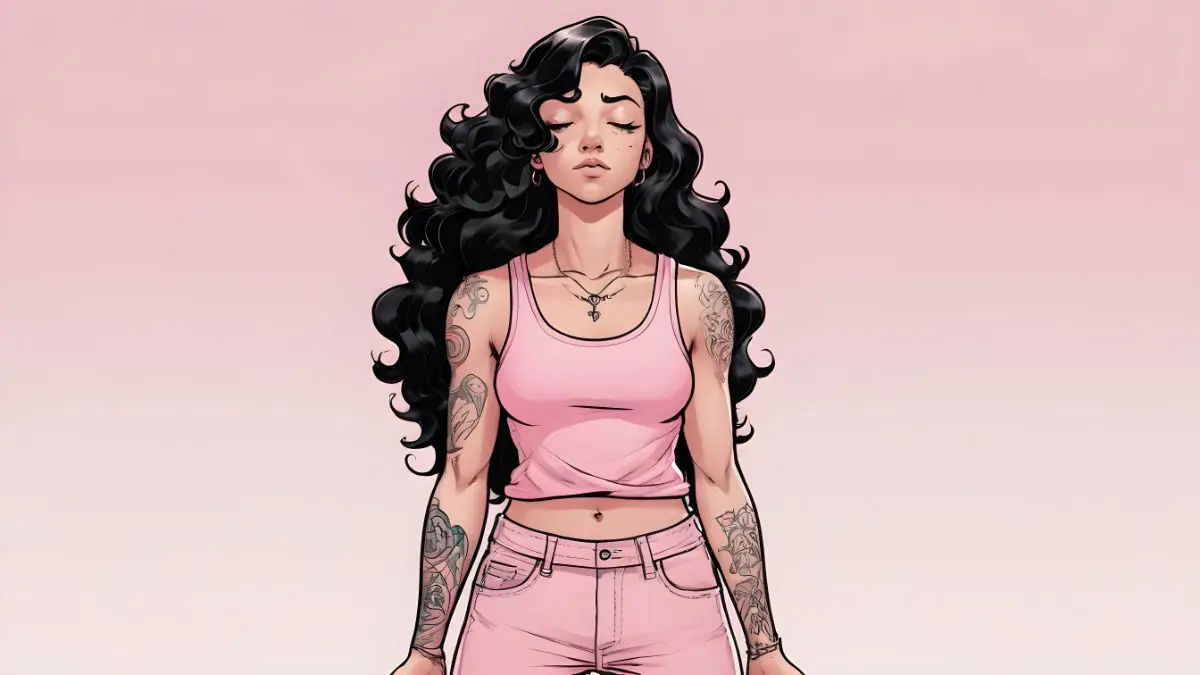 The Detrimental Effect of Illicit Substances on the Brain: Woman in her 20s with long curly black hair and tattoos on her arms, wearing a pink sleeveless top and light pink pants, standing with eyes closed and hands raised in a carefree gesture, pink background