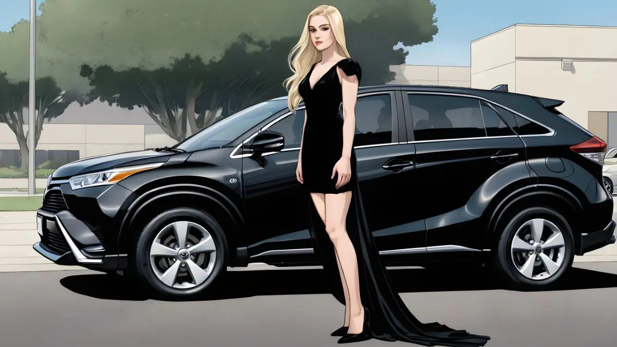 Top SUVs of the Year: A Comprehensive Review - Woman with long blonde hair wearing a black dress and high heels standing next to a black luxury toyota vezel