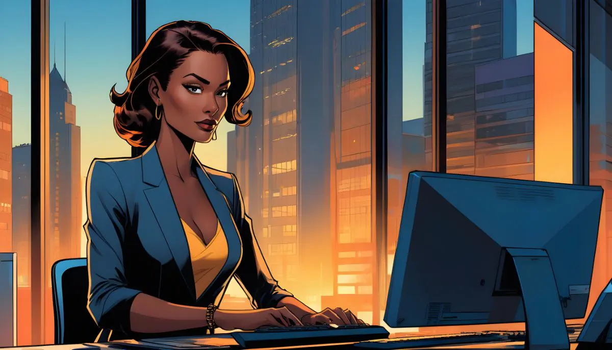 Data Entry Success - Mastering This Part Of Your Business: A digital art of a beautiful woman, elegant and confident, working with a computer in a modern office. Urban cityscape visible through large windows, bustling street life. Evening light casting warm glows and cool shadows on her face. Created Using: digital painting, contemporary style, urban chic, sharp lines, contrasting colors, dynamic lighting, detailed textures, modern elegance