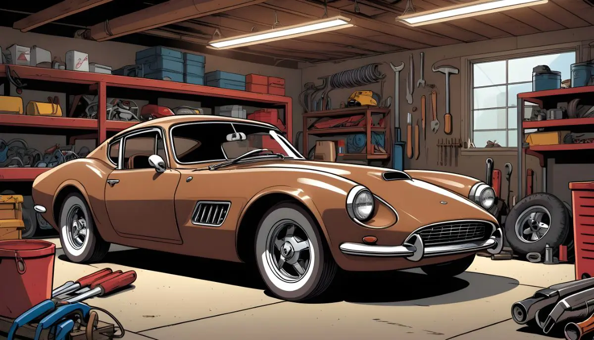 Do You Need Insurance if Your Vehicle Is off the Road? A brown vintage sports car parked inside a garage with tools and equipment visible in the background