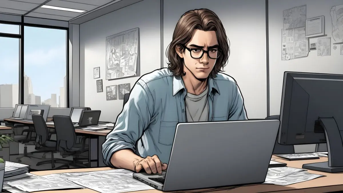 From Break-Fix to Proactive: The Evolution of Managed IT Services: A young man fixing laptop. he has a confident demeanor, with shoulder-length straight hair and wearing a spectacles. The background is modern office.