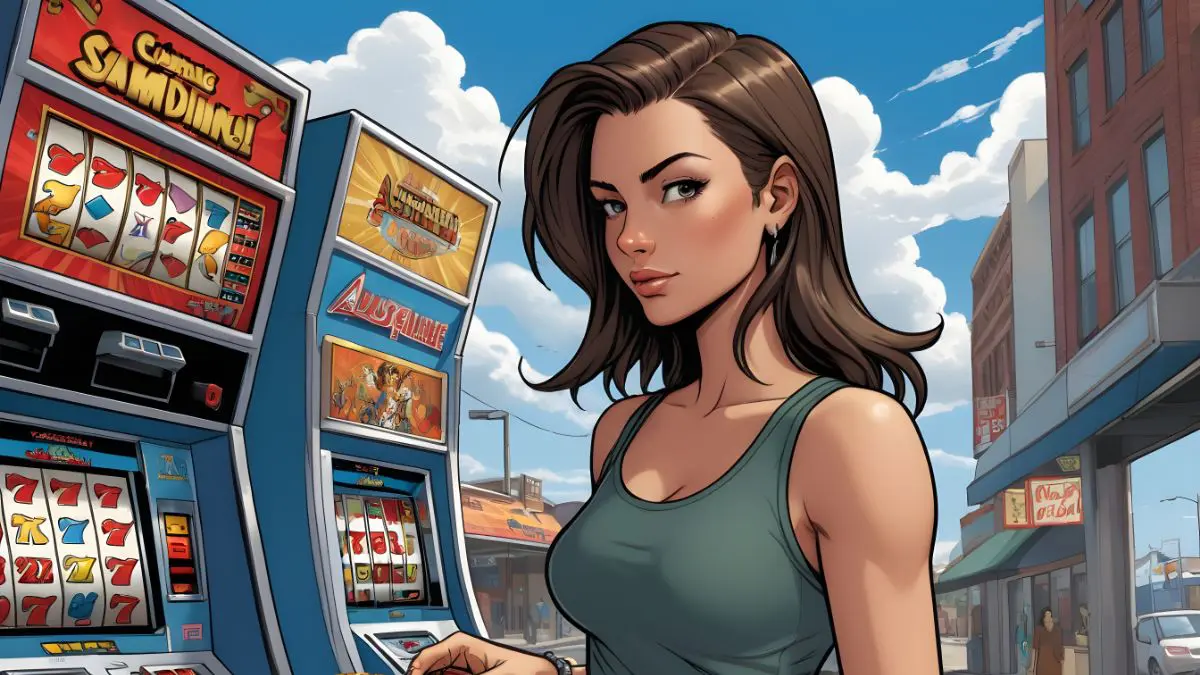 Rickys Casino Review: A Deep Dive Into Australia’s Online Gambling Scene: a young woman playing a slot machine. She has a confident demeanor, with shoulder-length straight hair and wearing a stylish urban outfit. the background is Australian street. The sky above is clear with a few scattered clouds, and sunlight illuminates the scene.