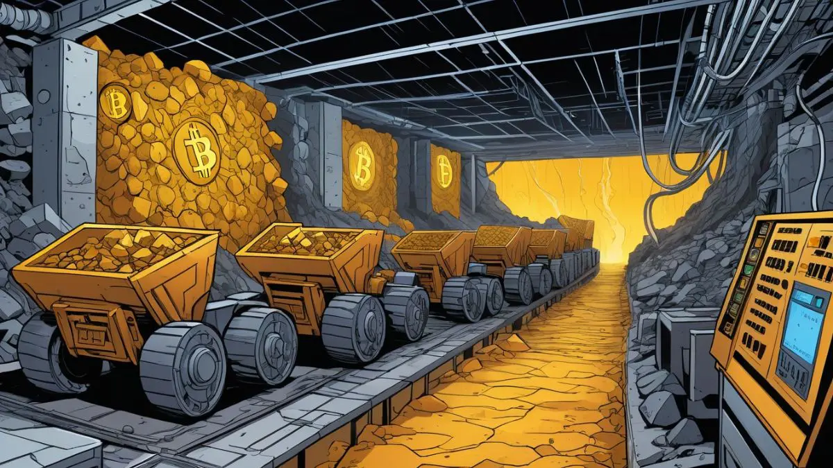 Staking vs. Mining: Comparing Different Approaches to Earning Cryptocurrency Rewards: A row of mining dump trucks loaded with large gold coins embossed with the Bitcoin symbol inside a mine with yellow-illuminated walls and a dark ceiling