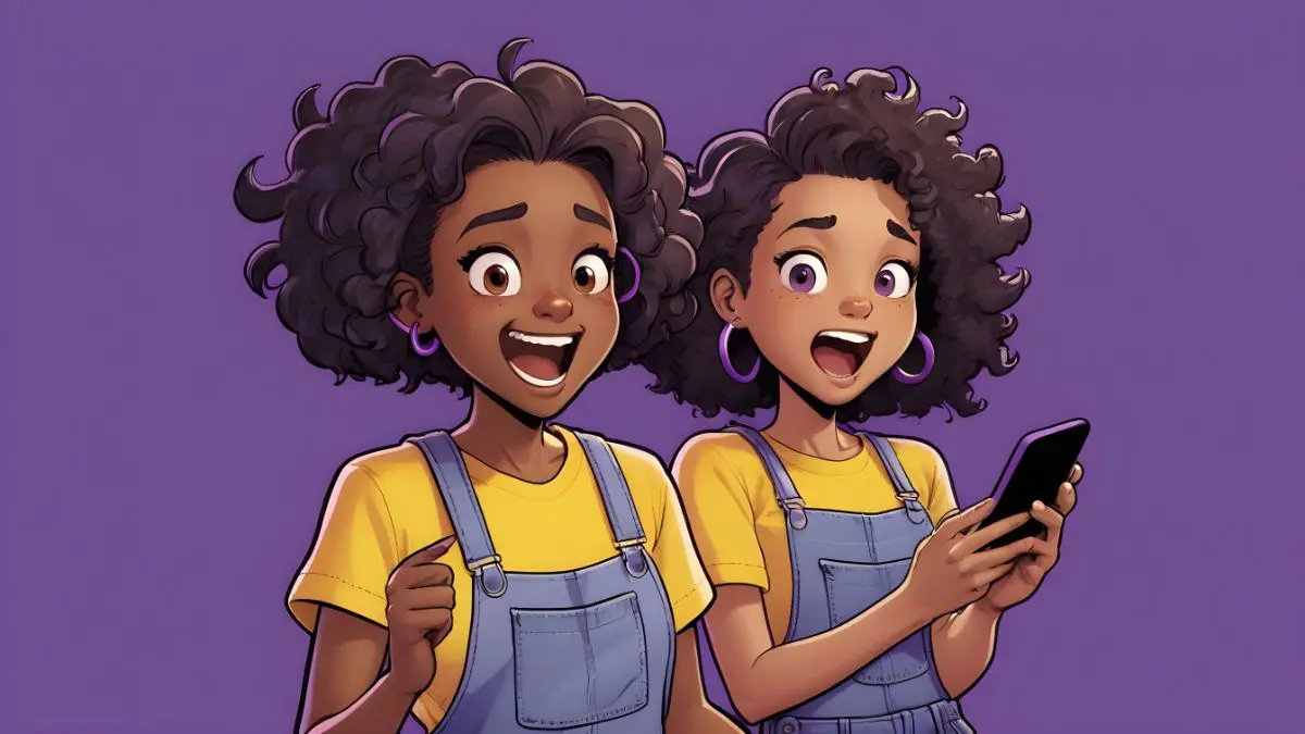 What Are the Perks of Buying In-Game Items: Two girls in their 10s , one with light skin and straight brown hair wearing a yellow shirt and denim overalls, the other with dark skin and curly black hair wearing a purple shirt, both holding phone while playing games and showing excited expressions, standing against a purple background