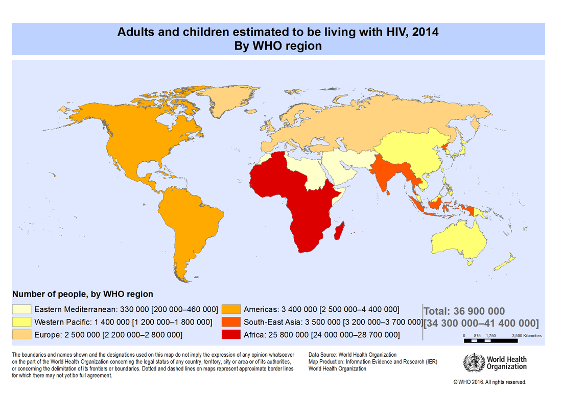 Adult and Children estimated to be living with HIV 2014 by WHO region