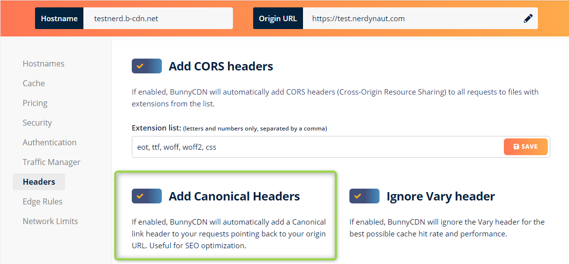 Add Canonical Headers BunnyCDN