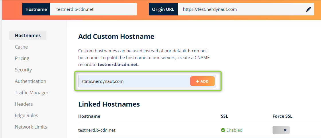 Adding a custom hostname BunnyCDN