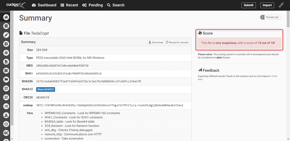 Summary of Cuckoo Sandbox Report