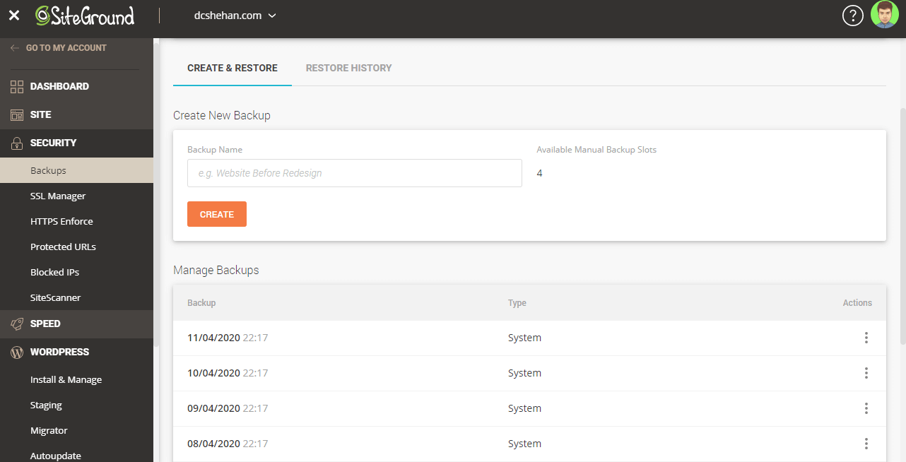 SiteGround Application Backups