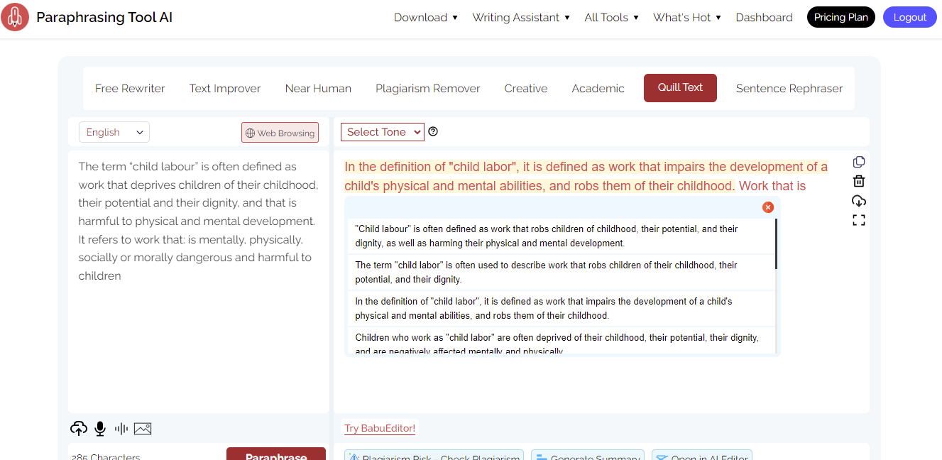 Quill Text With Paraphrasingtool.ai
