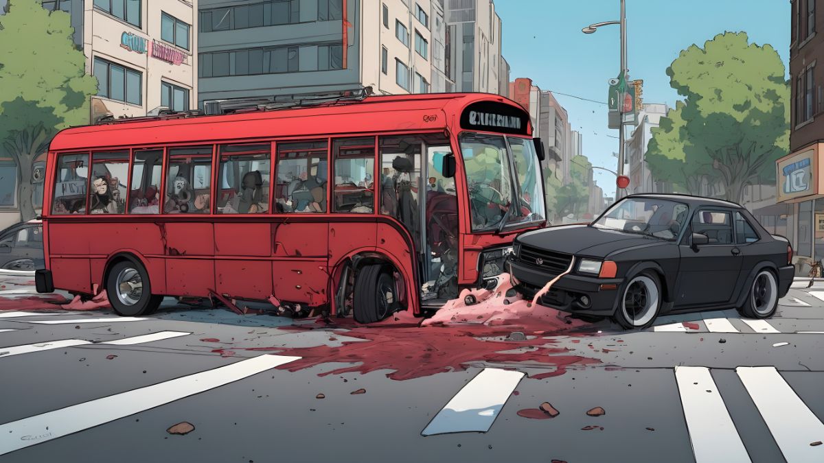 T-Bone Car Accidents and Your Legal Options: A red bus colliding with a black car at an intersection with visible impact sparks, street with crosswalk, and partial view of surrounding elements like a small green area
