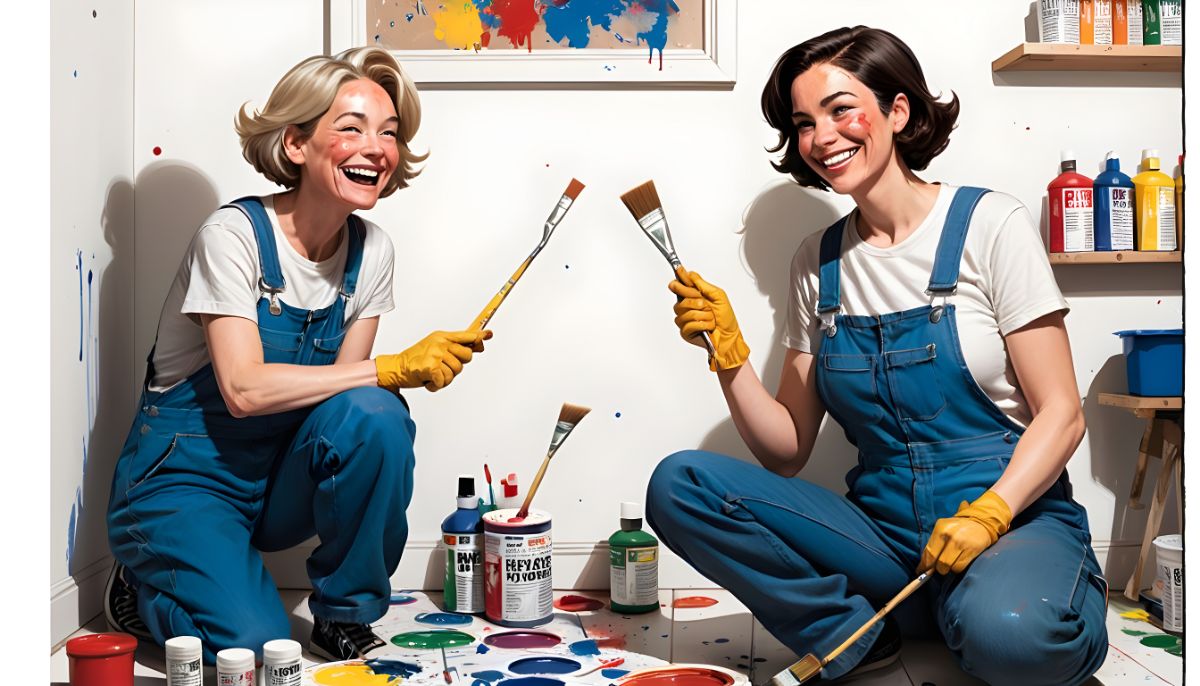 Aging Gracefully: 5 Home Modifications to Consider in Your Retirement: Women: sitting on the floor with painting supplies around them, smiling at each other, the woman holding a wall paintbrush with a dab of paint on her face, both wearing overalls , in a room with white walls