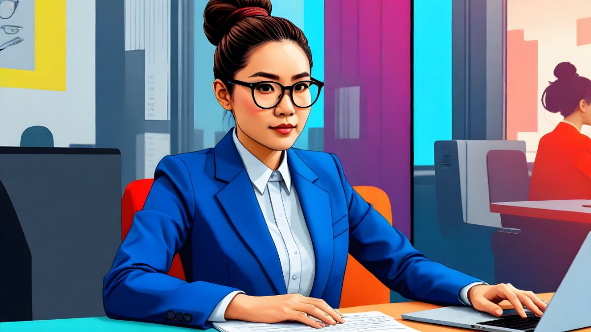 Future-Proofing Your Career: Essential Skills and Mindsets for Long-Term Growth: woman with glasses and a bun hairstyle, wearing a business suit, sitting at a desk with a laptop and notebook, resting chin on hand, with a group of animals in the background