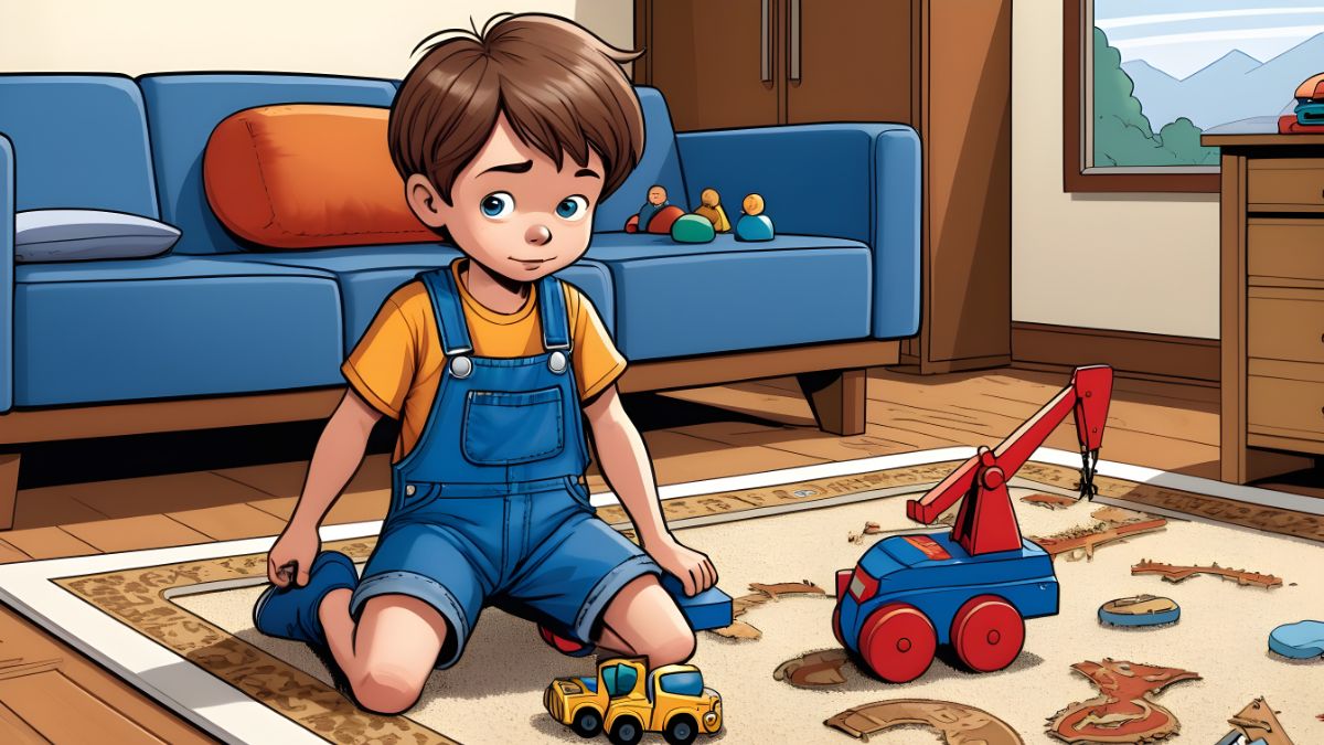 The Power of Play: How Playing With Toys and Having Fun Help Children Thrive: A boy with short brown hair wearing a blue denim overall playing with a toy crane on a carpeted floor in a living room with a sofa and wooden furniture in the background